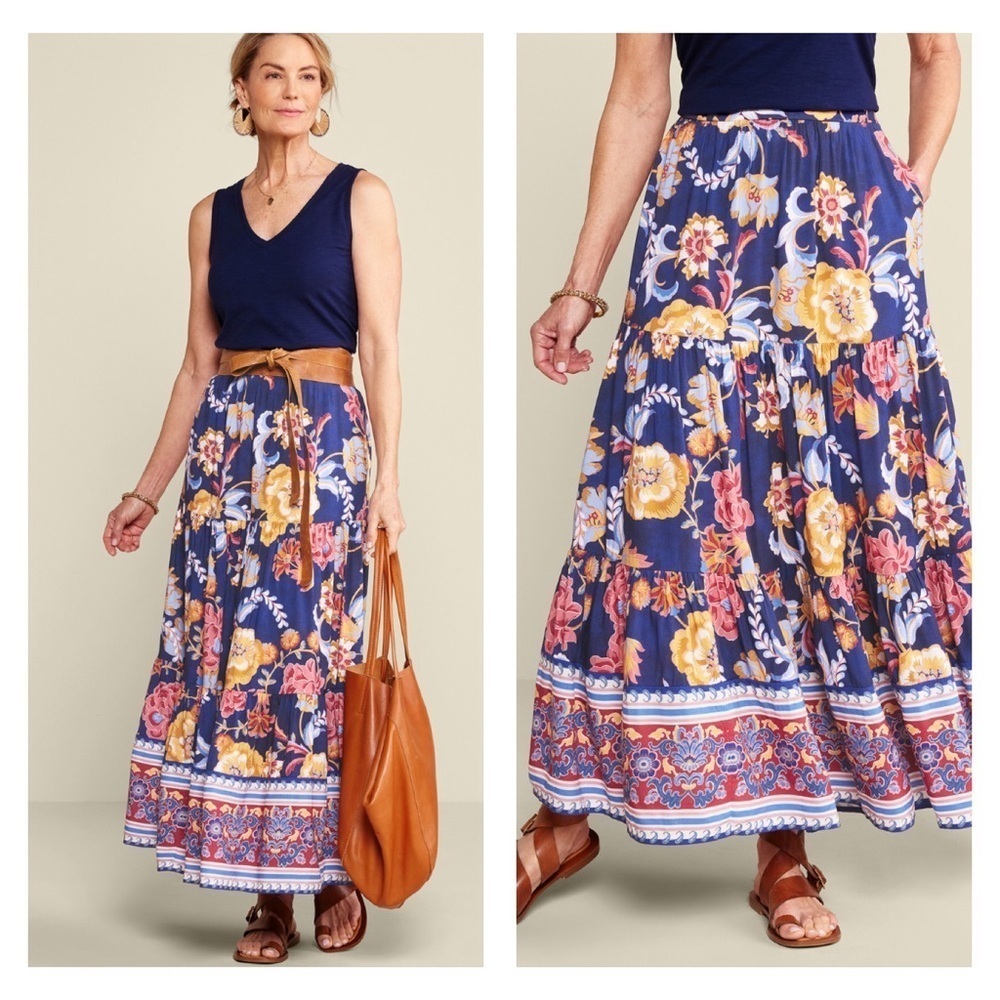 Soft Surroundings Large Kara Maxi Skirt Navy Floral Tiered Pockets